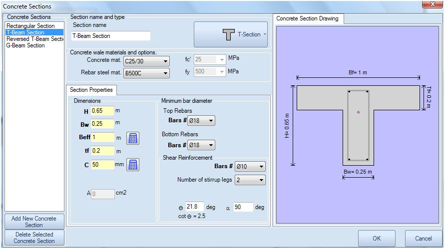 Concrete beam section properties in RCsolver