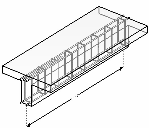 3D model, concrete beam and calculated reinforcement rebars