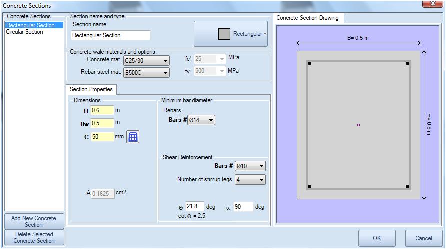 Concrete column section properties in RCsolver